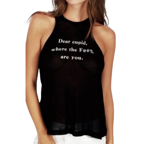 Wildfox Black Dear Cupid WTF Ribbed Tencel Tank Top - Picture 1 of 11